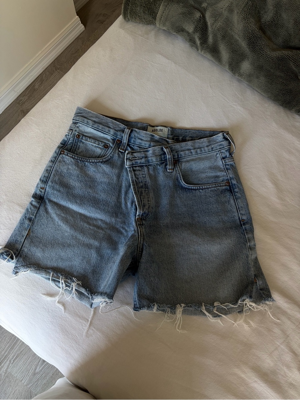 Agolde Cross Light Blue Frayed Hem Denim Shorts